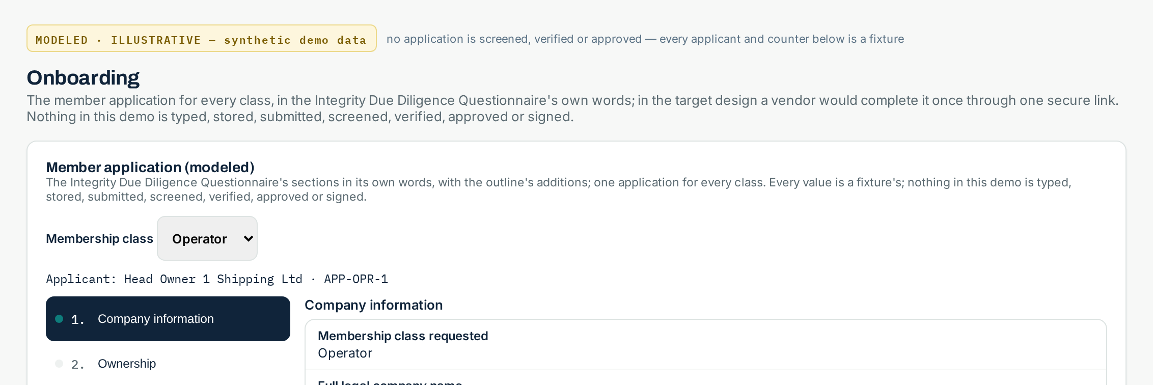 The Operator seat's Onboarding view in the demo: the modeled member application.