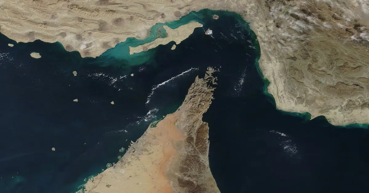Satellite view of the Strait of Hormuz, with the Musandam Peninsula reaching into it